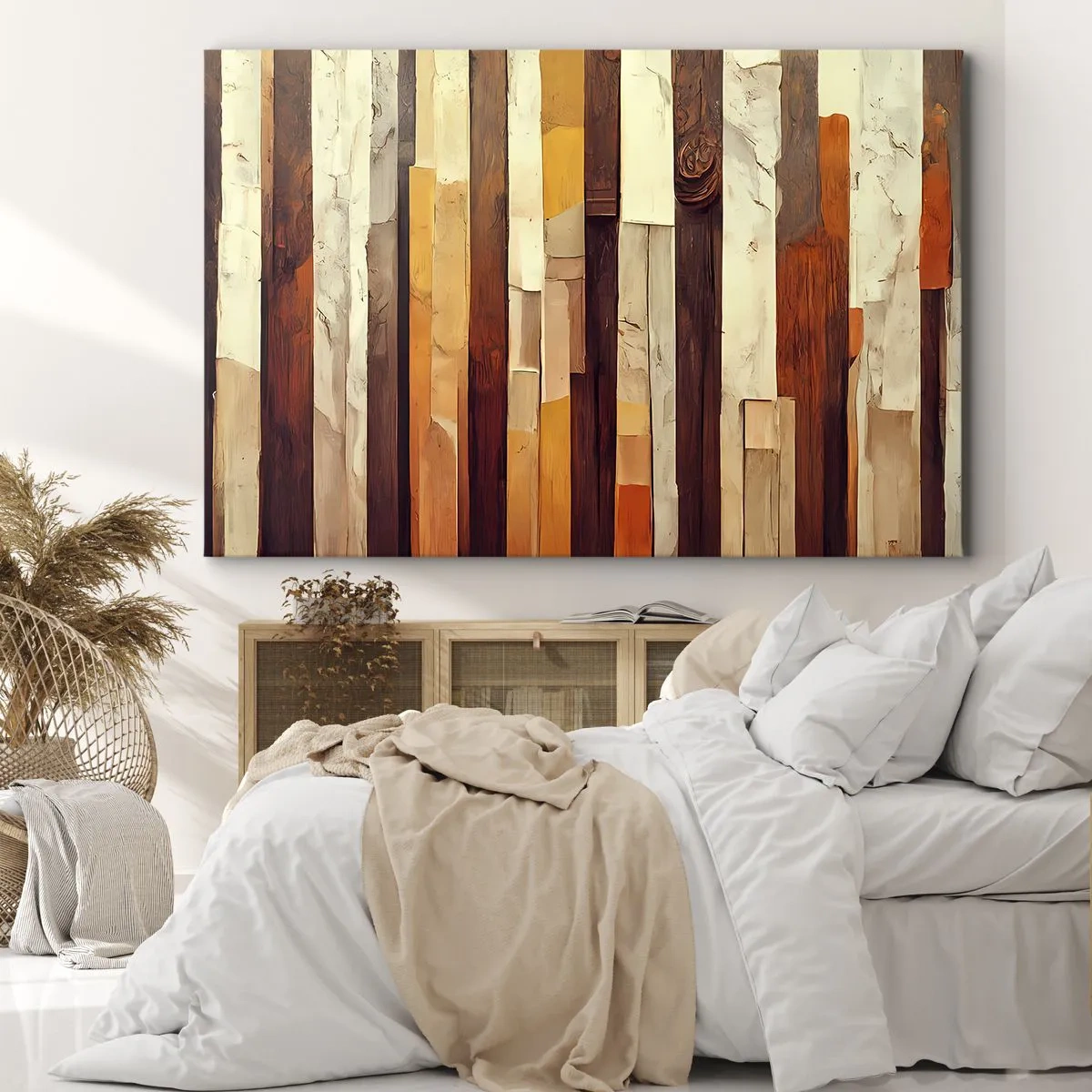 Canvastavla - Bild på duk - Geometrisk komposition i nyanser av trä och guld - 70x50cm - Hymn av skogens träd - Modern väggdekoration för vardagsrum och sovrum ARTTOR