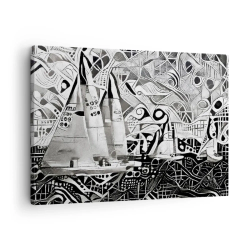 Canvastavla - Bild på duk - Abstrakta segelbåtar i en monokromatisk komposition - 70x50cm - Mellan vågorna - Modern väggdekoration för vardagsrum och sovrum ARTTOR