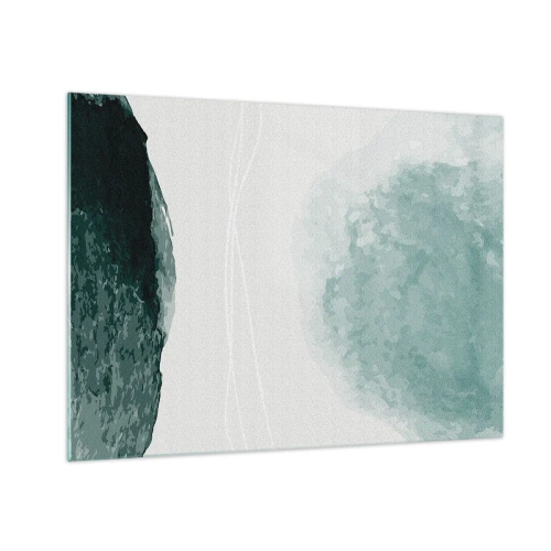 Glastavla - Bild på glas - Gröna abstrakta former på en ljus bakgrund som liknar dimma - 70x50cm - Ett möte med dimma - Modern väggdekoration för vardagsrum och sovrum ARTTOR