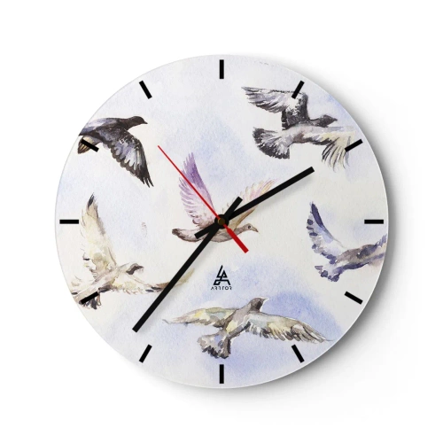 Väggklocka - Klocka på glas - En flock fåglar i flykt mot en bakgrund av delikata blå nyanser - 30x30cm - Frihet i grått och blått - Modern väggdekoration för vardagsrum, kök och sovrum ARTTOR
