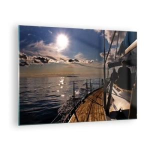 Glastavla - Bild på glas - En segelbåtskryssning in i solnedgången - 70x50cm - Under seglen mot solen - Modern väggdekoration för vardagsrum och sovrum ARTTOR