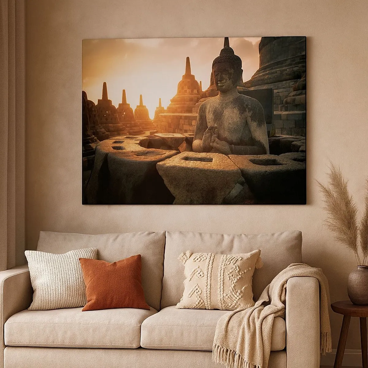 Canvastavla - Bild på duk - Buddhastaty vid Borobudur-templet vid solnedgången - 70x50cm - Stora visdomens väder - Modern väggdekoration för vardagsrum och sovrum ARTTOR