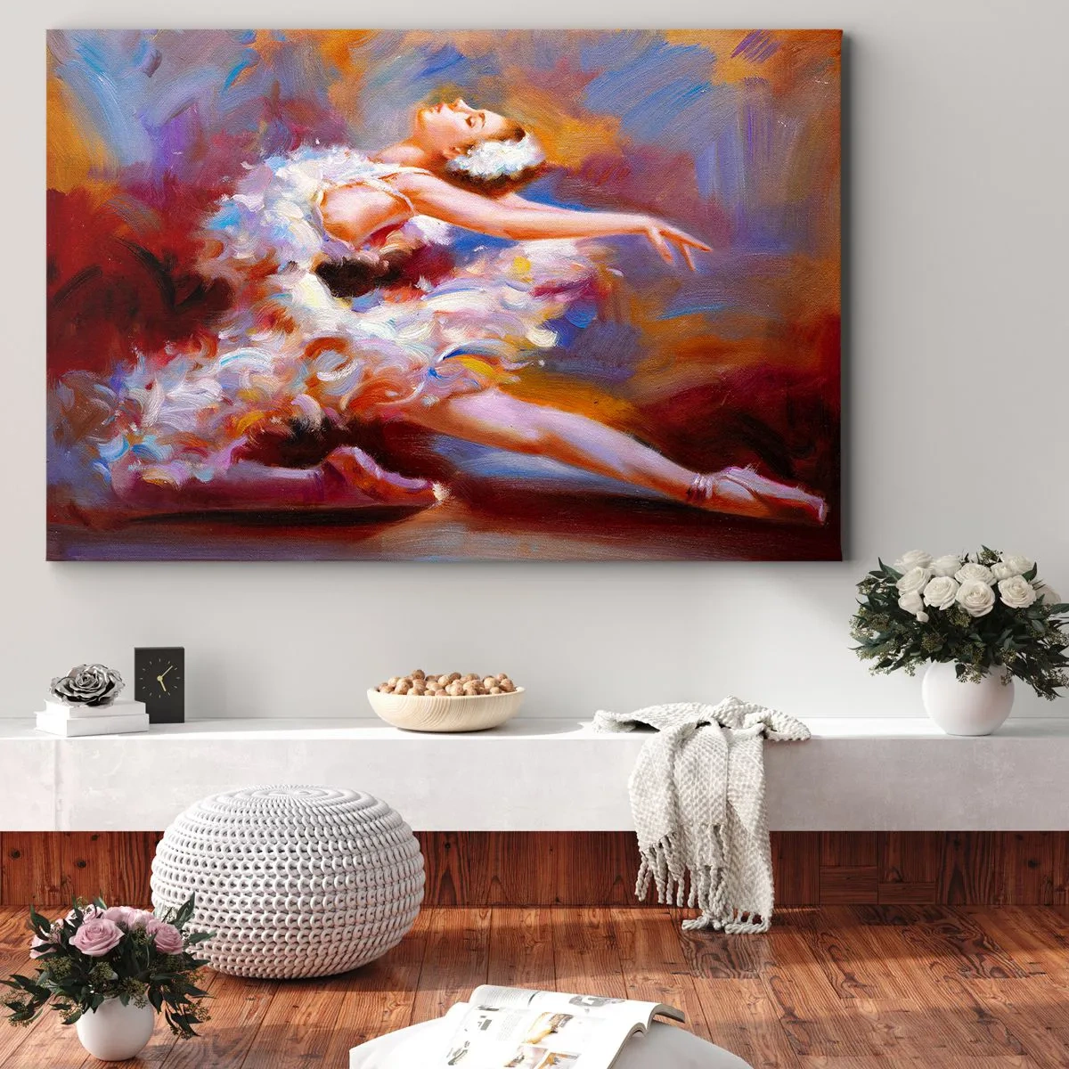 Canvastavla - Bild på duk - En ballerina i en dynamisk pose bland pastellfärger. - 70x50cm - Svangrace - Modern väggdekoration för vardagsrum och sovrum ARTTOR