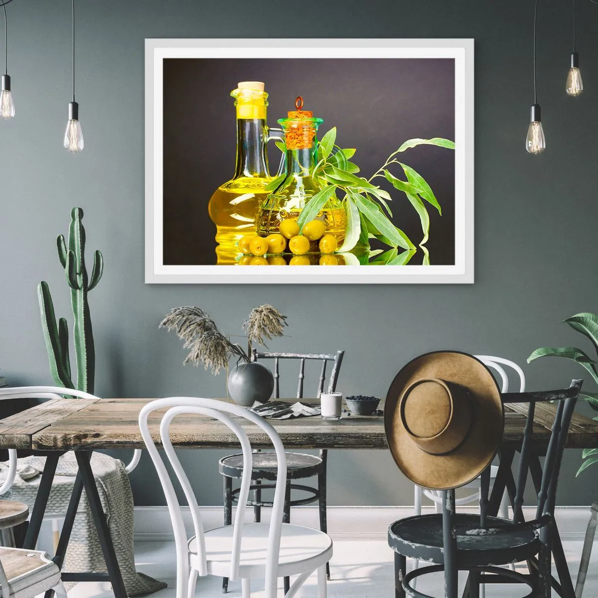 Affisch i vit ram - Stilleben med oliver och olivolja - 91x61 cm