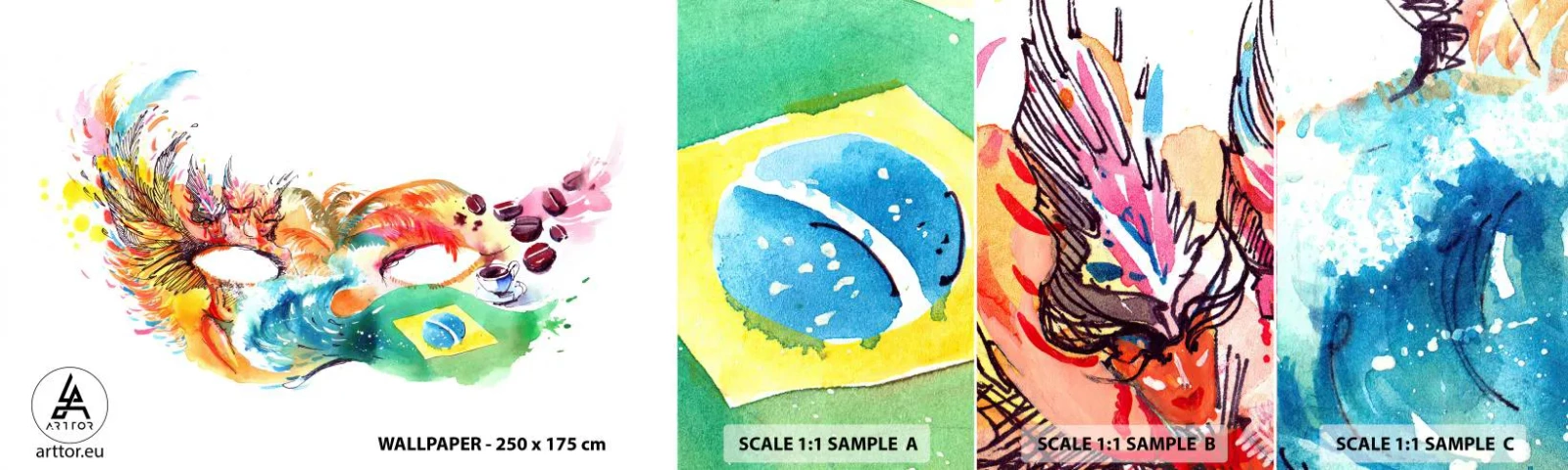 Provbit av självhäftande fototapet Deluxe Sticker - Brasilien hälsar välkommen med samba - Huva, Karneval, Abstraktion - 100x30 cm