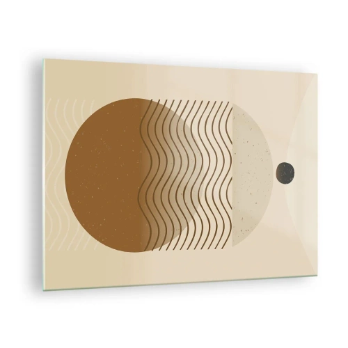Glastavla - Bild på glas - Geometrisk komposition med vågor och cirklar i beige färger - 70x50cm - Om geometriska figurers ursprung - Modern väggdekoration för vardagsrum och sovrum ARTTOR