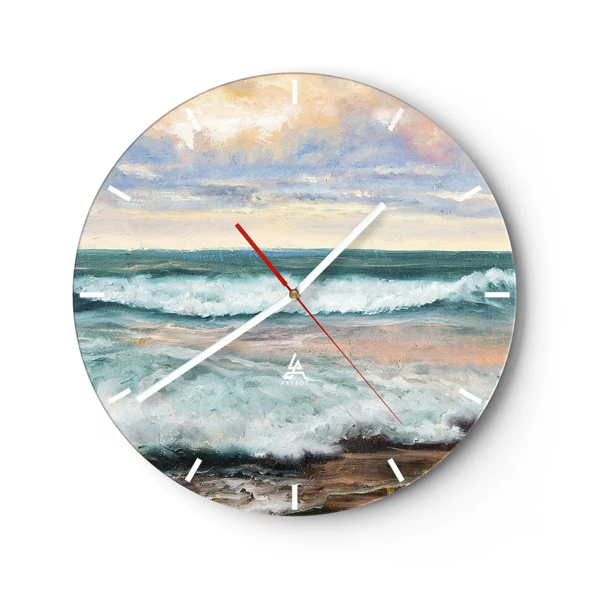Väggklocka - Klocka på glas - Havsvågor mot en pastellfärgad himmel i målerisk stil - 30x30cm - Här kan du släta ut din själ - Modern väggdekoration för vardagsrum, kök och sovrum ARTTOR