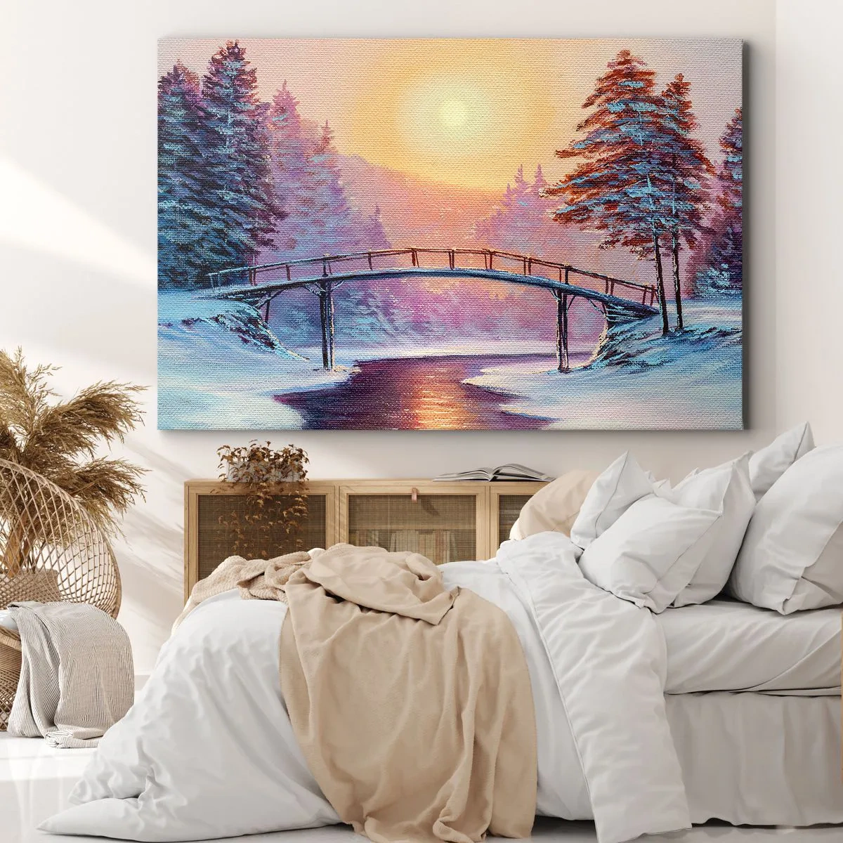 Canvastavla - Bild på duk - Vinterlandskap med en bro upplyst av solnedgången - 70x50cm - De fyra årstiderna - vinter - Modern väggdekoration för vardagsrum och sovrum ARTTOR