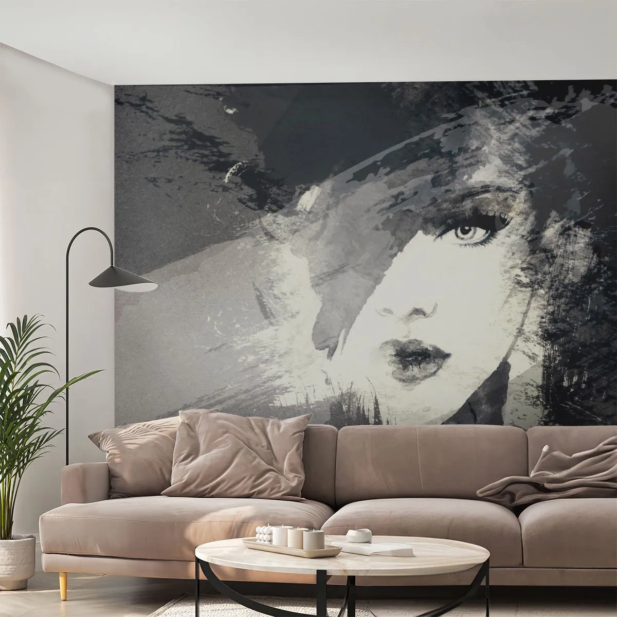 Fototapet Standard Eco - Abstrakt porträtt av en kvinna i svarta och vita nyanser - 100x70cm - Bakom grå voile - Modern väggdekoration för vardagsrum och sovrum ARTTOR