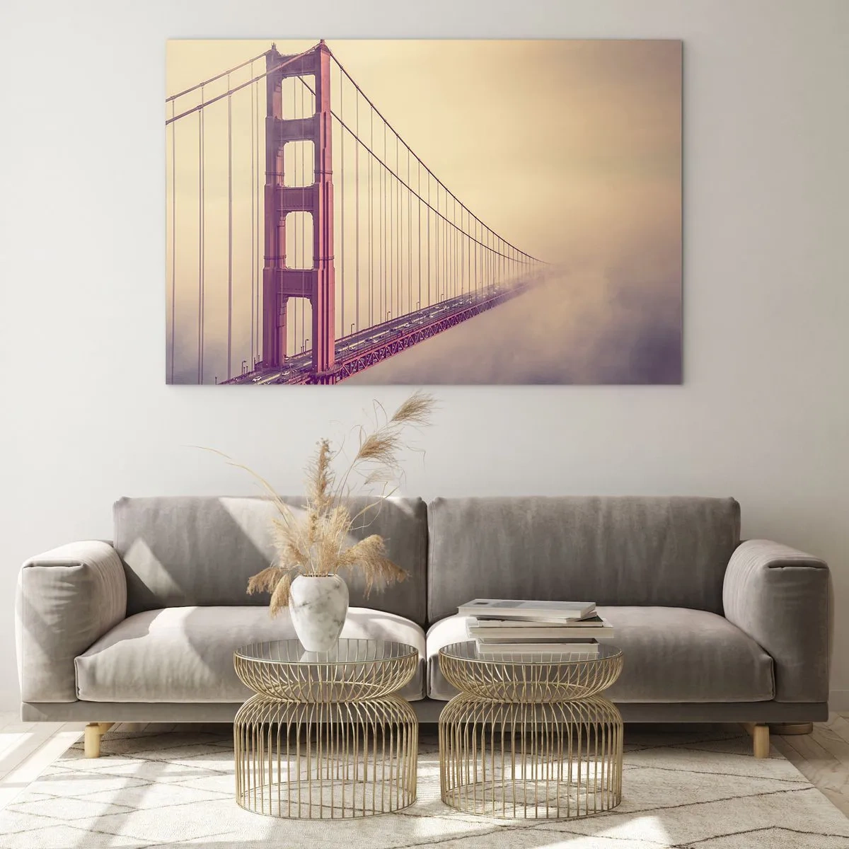Glastavla - Bild på glas - San Franciscos Golden Gate-bron i ett dimmigt landskap - 70x50cm - Mellan himlen och jorden - Modern väggdekoration för vardagsrum och sovrum ARTTOR