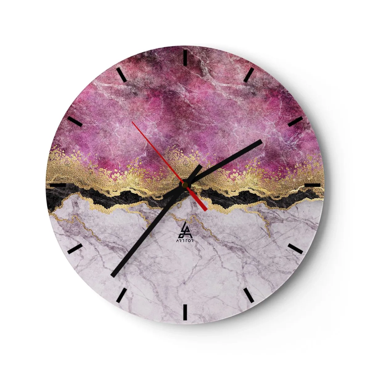 Väggklocka - Klocka på glas - Ballerina hoppar med rosa tyg som flödar - 30x30cm - På gränsen - Modern väggdekoration för vardagsrum, kök och sovrum ARTTOR