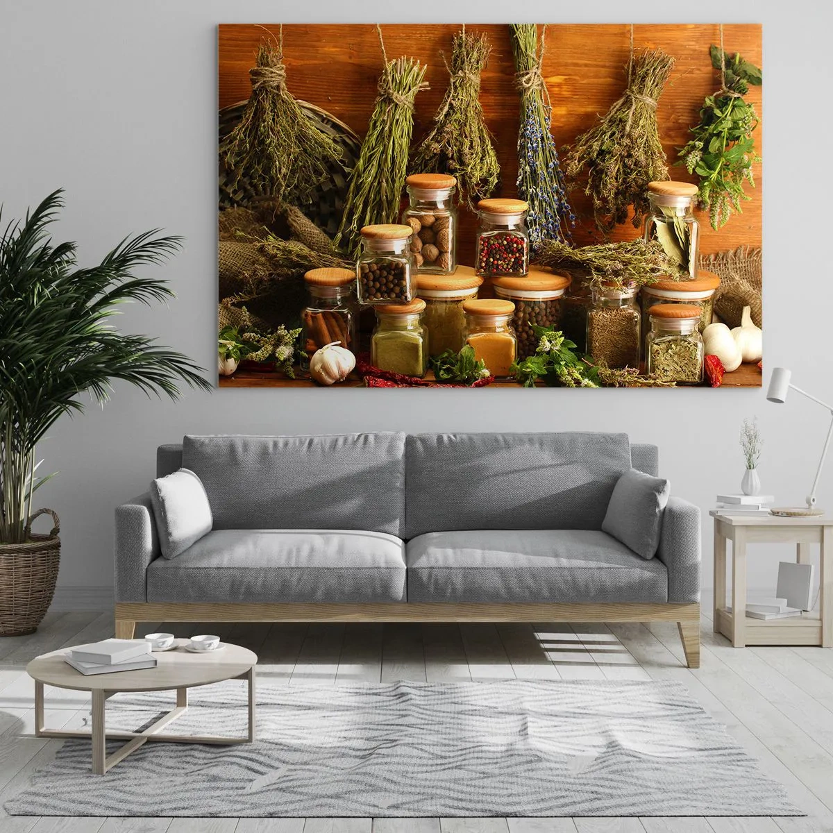 Glastavla - Bild på glas - Örter och kryddor i burkar på en träbakgrund - 70x50cm - Trolldom i köket - Modern väggdekoration för vardagsrum och sovrum ARTTOR