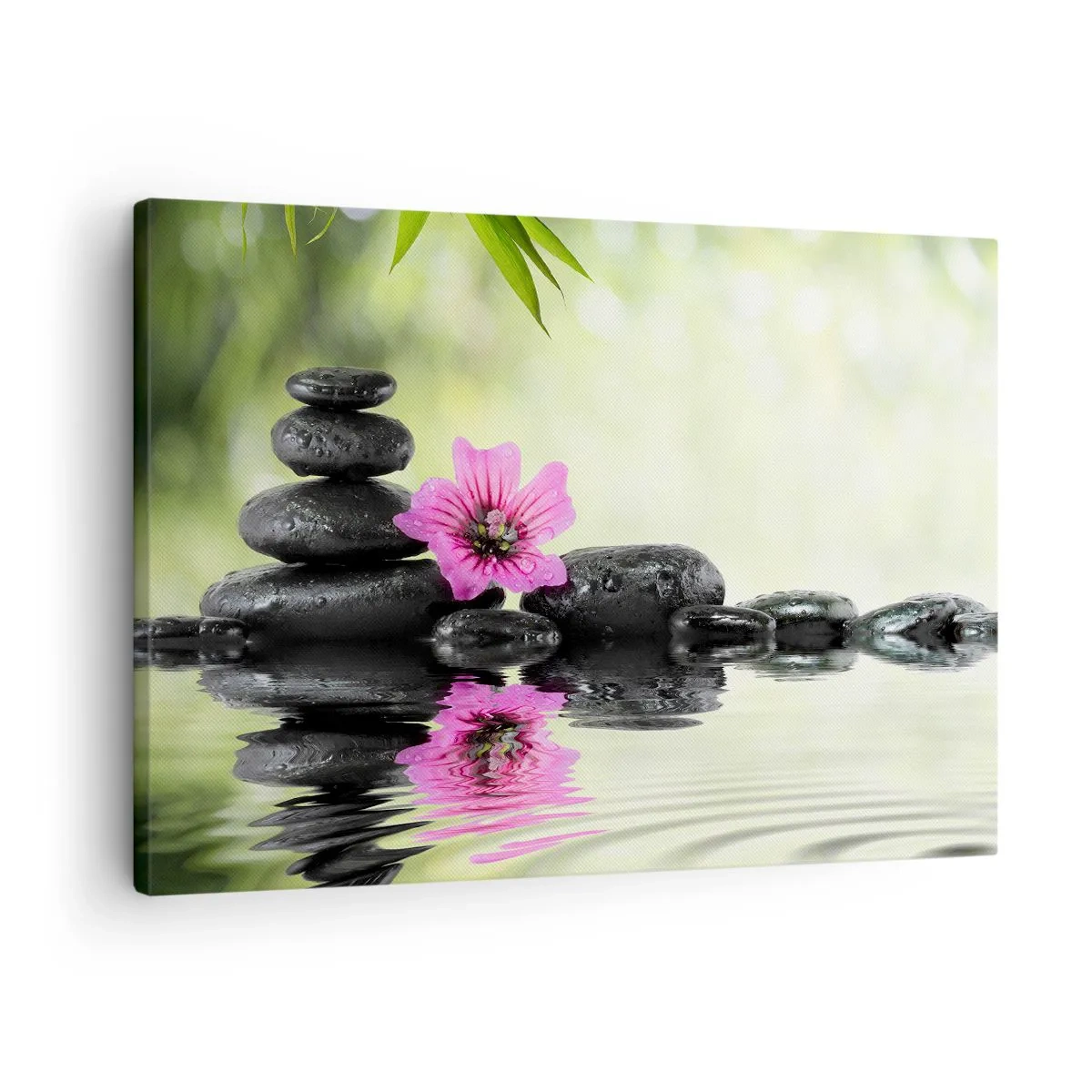 Canvastavla - Bild på duk - Zenstenar och en rosa blomma reflekterad i vattnet - 70x50cm - Tid för själen - Modern väggdekoration för vardagsrum och sovrum ARTTOR