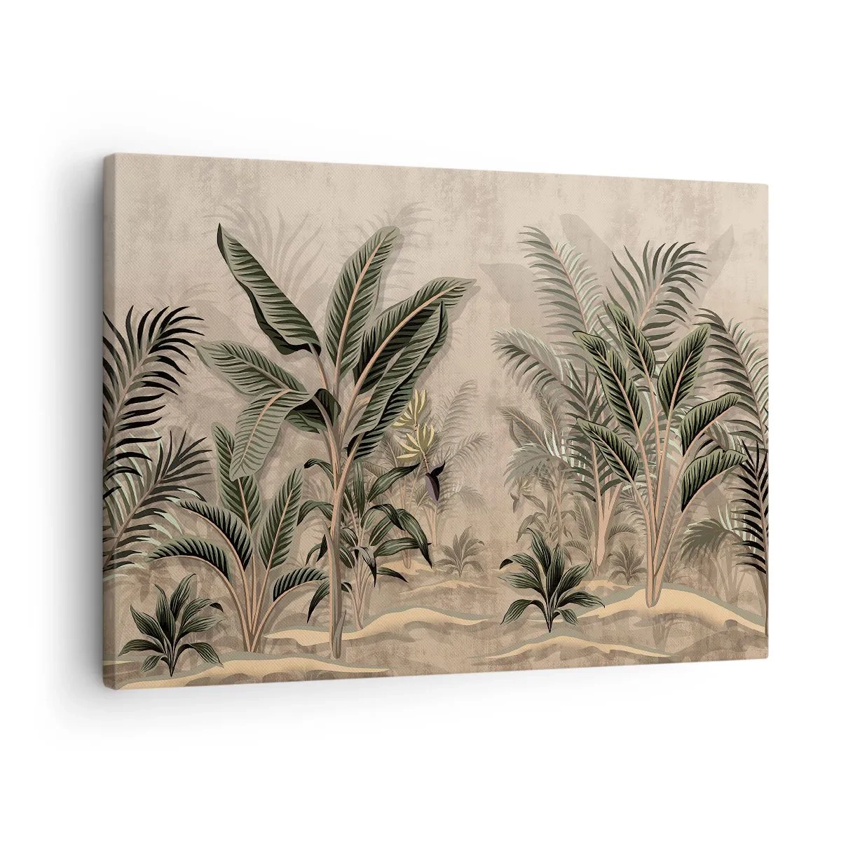 Canvastavla - Bild på duk - Palmer och tropisk vegetation i nyanser av grönt mot en beige bakgrund - 70x50cm - Bild i kolonial stil - Modern väggdekoration för vardagsrum och sovrum ARTTOR