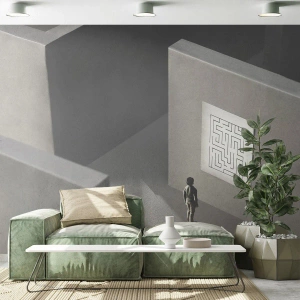 Fototapet Standard Eco - En figur i en labyrint som tittar på ett väggdiagram - 100x70cm - Men var är jag? - Modern väggdekoration för vardagsrum och sovrum ARTTOR