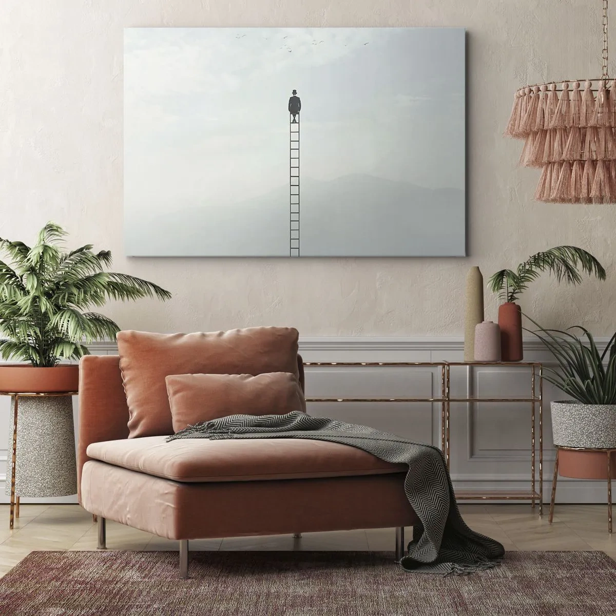 Canvastavla - Bild på duk - En man på en stege som stiger upp i himlen - 70x50cm - Var över det - Modern väggdekoration för vardagsrum och sovrum ARTTOR