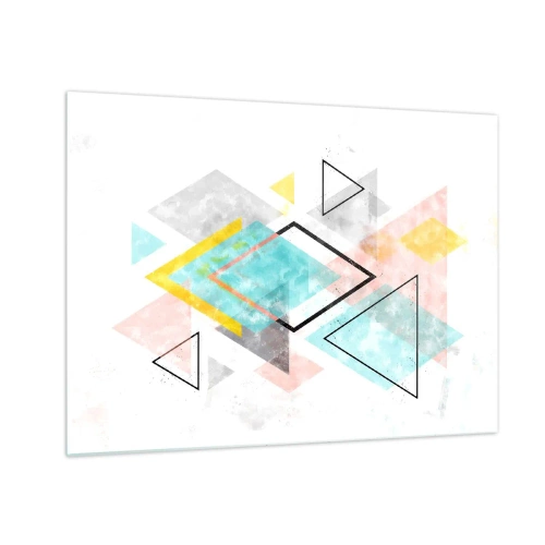 Glastavla - Bild på glas - Färgglada geometriska former på en vit bakgrund i abstrakt stil - 70x50cm - Geometriskt spel - Modern väggdekoration för vardagsrum och sovrum ARTTOR