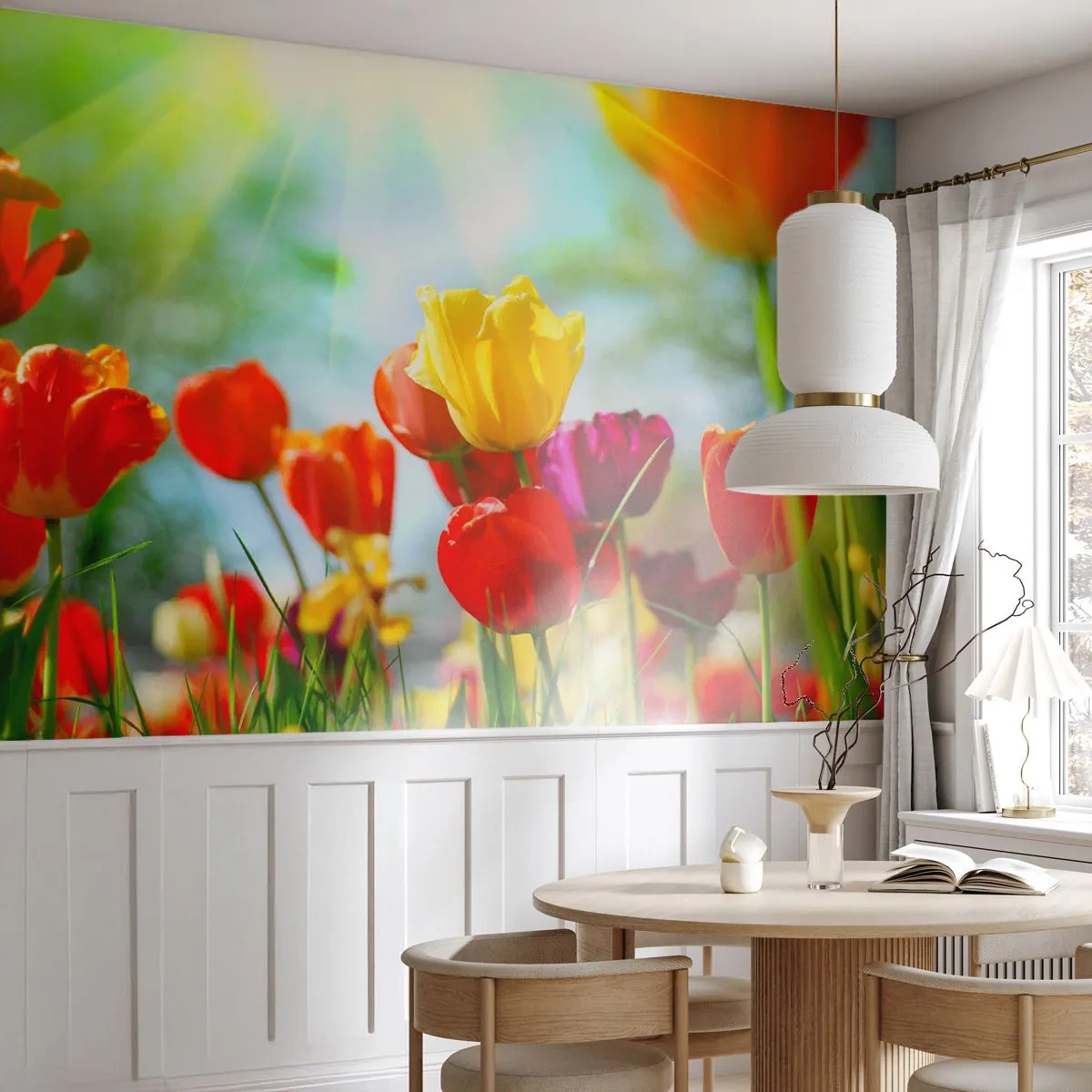 Fototapet Premium Canvas - Solens alla färger - Tulpaner, Blommor, Äng - 300x210 cm