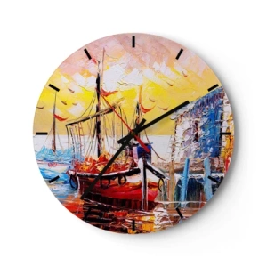 Väggklocka - Klocka på glas - Segelbåtar vid kajen i ljuset av den nedgående solen - 30x30cm - Lycklig återresa - Modern väggdekoration för vardagsrum, kök och sovrum ARTTOR