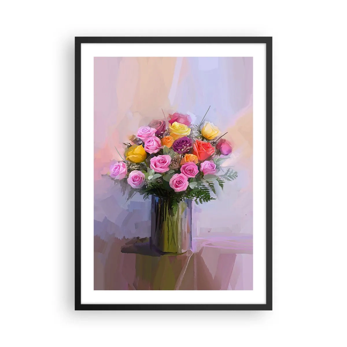 Affisch i svart ram - En bukett rosor och blommor i en glasvas - 50x70cm - Stoppad skönhet - Modern väggdekoration för vardagsrum och sovrum ARTTOR