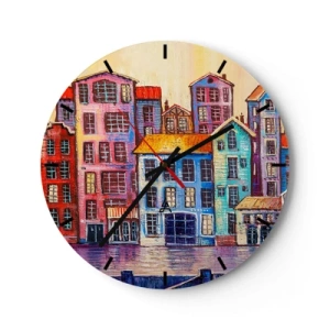 Väggklocka - Klocka på glas - Färgglada hyreshus speglas i vattnet i impressionistisk stil - 30x30cm - En sagostad  - Modern väggdekoration för vardagsrum, kök och sovrum ARTTOR