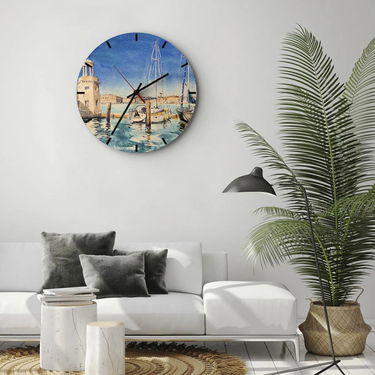 Väggklocka - Klocka på glas - Utsikt över hamnen med yachter på en solig dag - 30x30cm - Solig lagun - Modern väggdekoration för vardagsrum, kök och sovrum ARTTOR