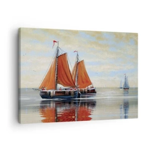 Canvastavla - Bild på duk - Tvåmastade segelbåtar i lugnt vatten - 70x50cm - Hej, segla seglaren… - Modern väggdekoration för vardagsrum och sovrum ARTTOR