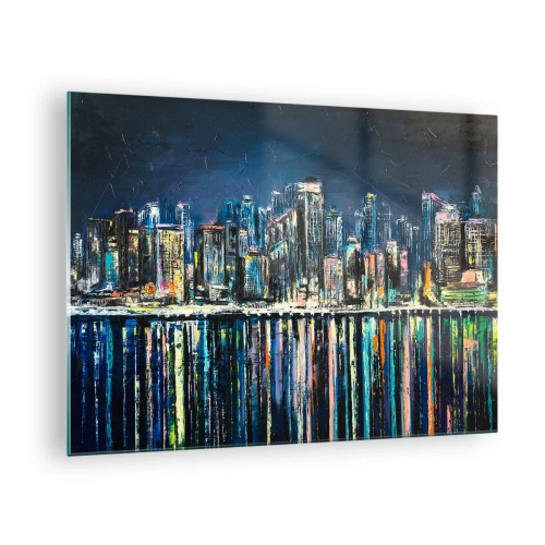 Glastavla - Bild på glas - Panorama över staden på natten med ljusen som reflekteras i vattnet - 70x50cm - Ljuskaskad - Modern väggdekoration för vardagsrum och sovrum ARTTOR