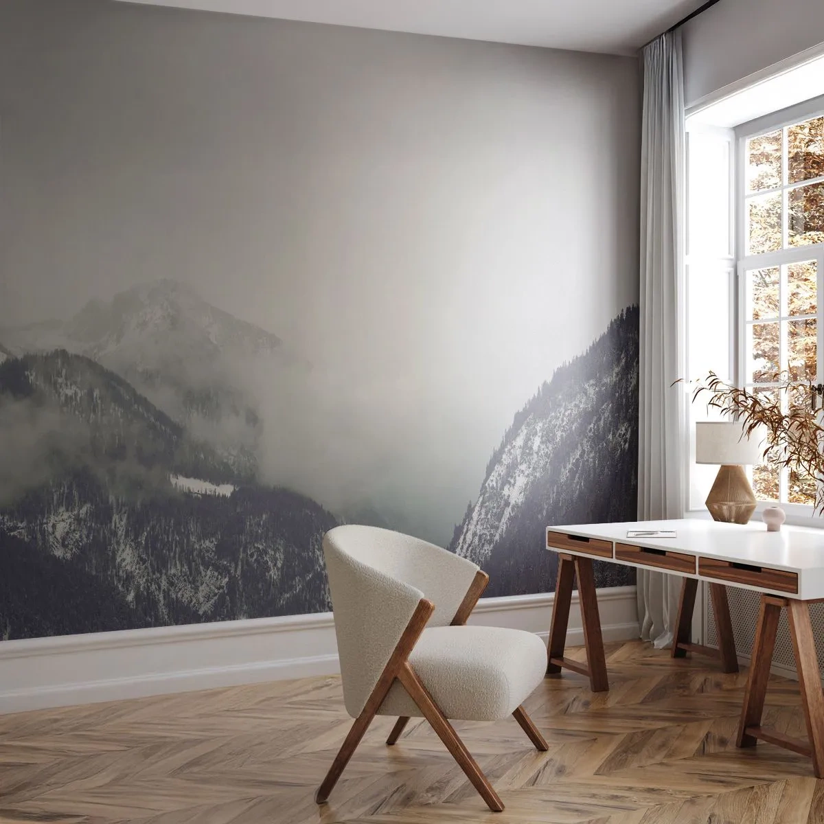 Fototapet Standard Eco - Ett bergslandskap höljt i dimma i monokromatiska färger - 100x70cm - Dimmig dal - Modern väggdekoration för vardagsrum och sovrum ARTTOR