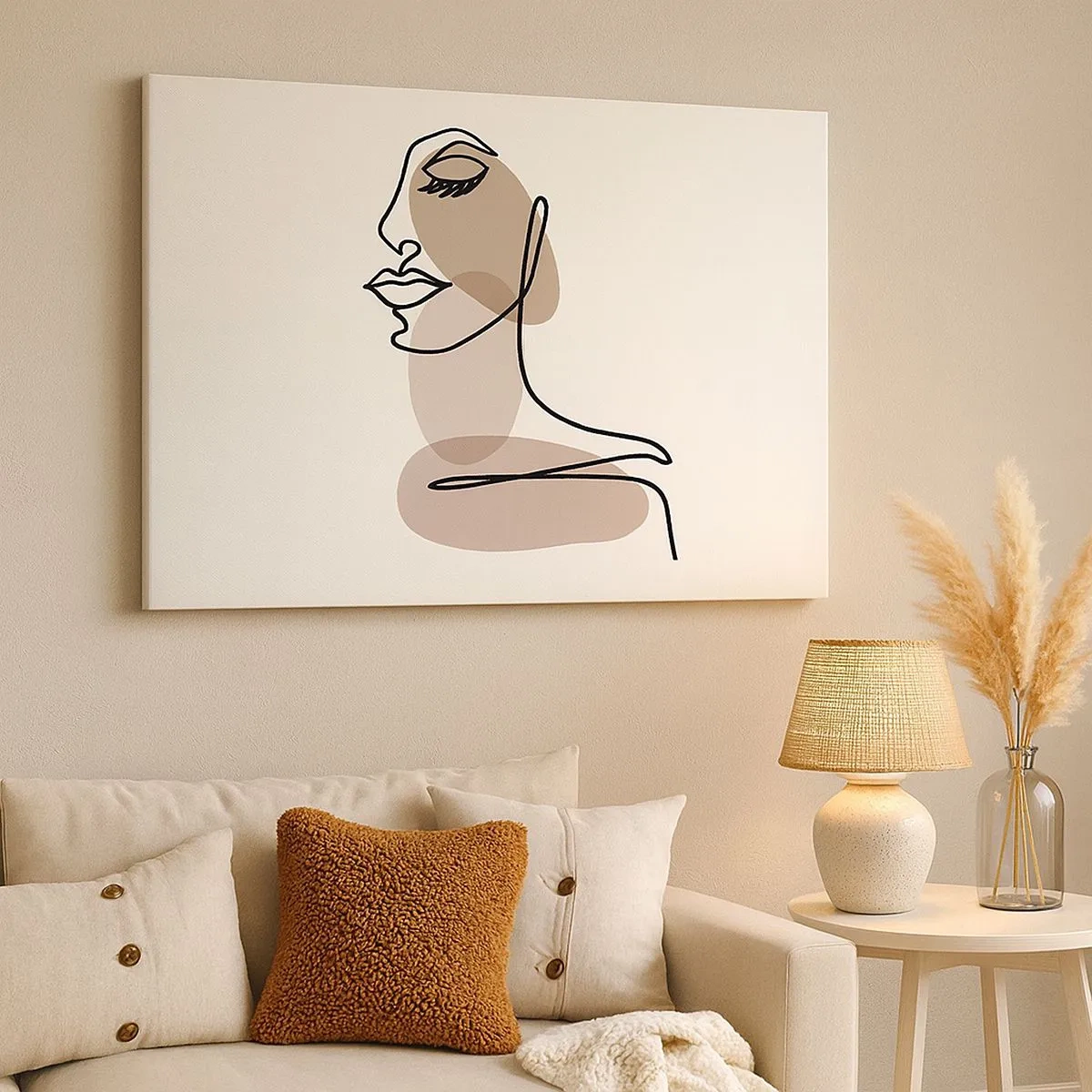 Canvastavla - Bild på duk - Minimalistisk kvinnas ansikte med abstrakta fläckar - 70x50cm - Lyssnar på sig själv - Modern väggdekoration för vardagsrum och sovrum ARTTOR