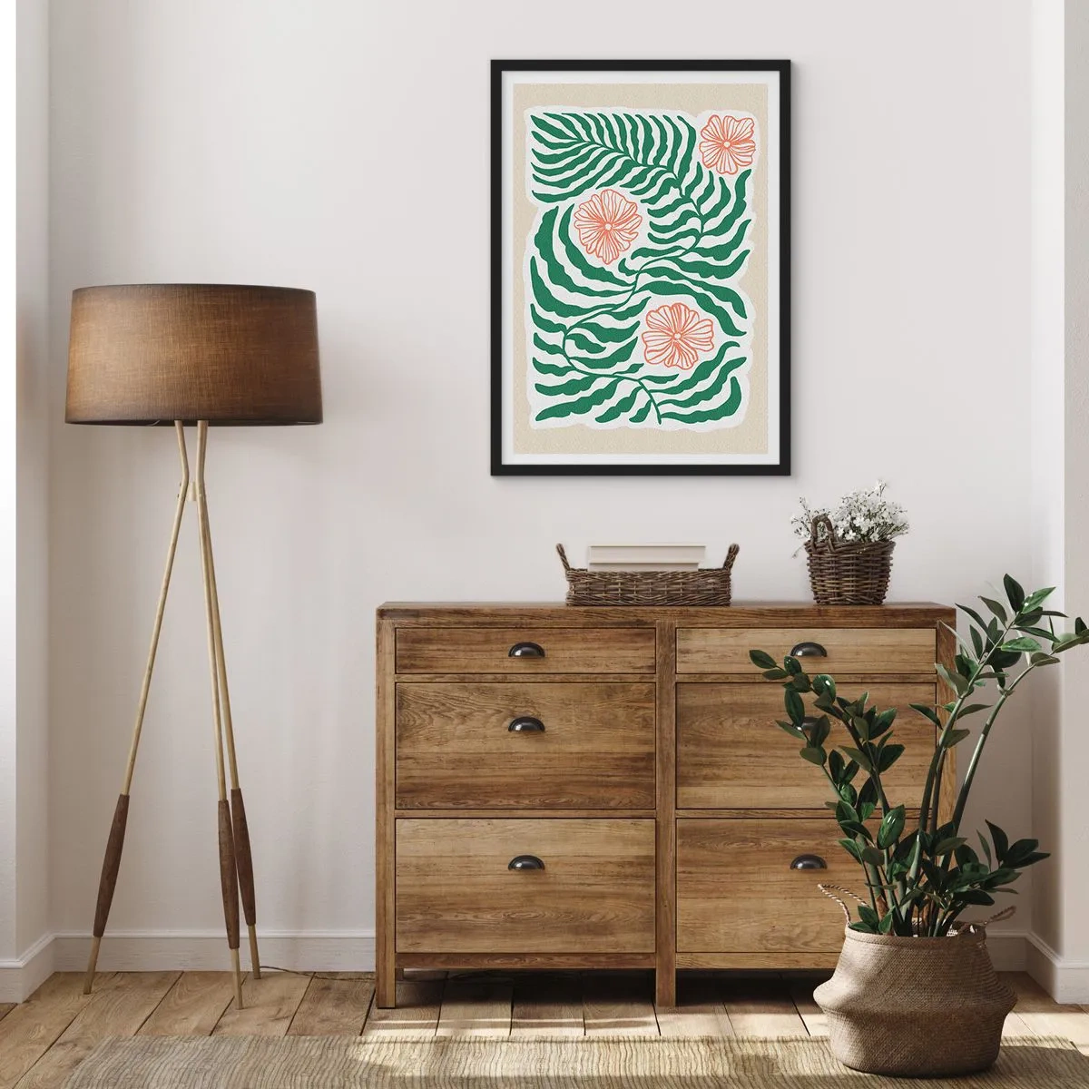 Affisch i svart ram - Abstrakt grafik av löv och blommor på en beige bakgrund - 50x70cm - Blommande i grönt - Modern väggdekoration för vardagsrum och sovrum ARTTOR