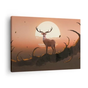 Canvastavla - Bild på duk - En hjort mot bakgrund av den nedgående solen och ett surrealistiskt landskap - 70x50cm - Denna natt är inte lik de andra - Modern väggdekoration för vardagsrum och sovrum ARTTOR