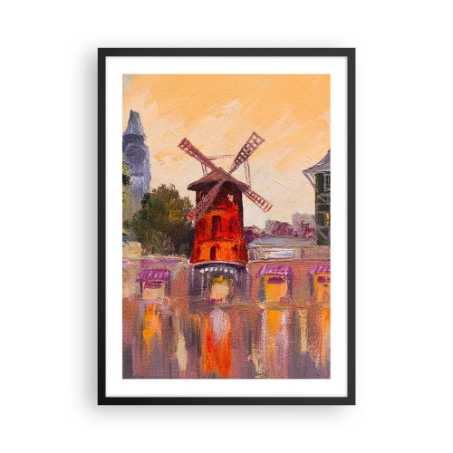 Affisch i svart ram - En målerisk tolkning av den berömda väderkvarnen mot stadens bakgrund - 50x70cm - Ikoner av Paris – Moulin Rouge - Modern väggdekoration för vardagsrum och sovrum ARTTOR