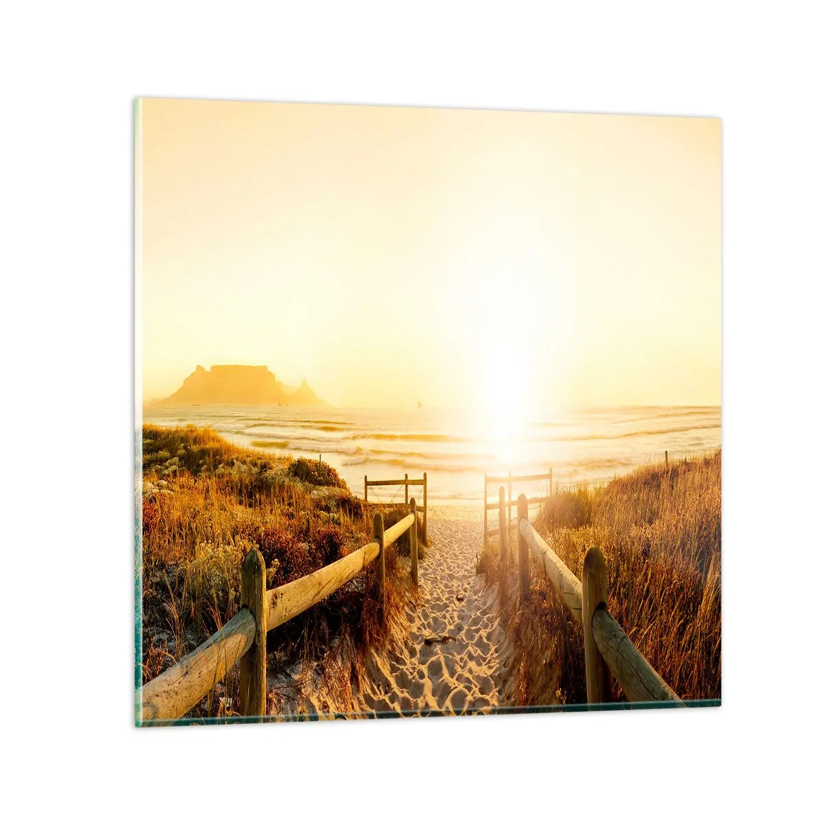 Glastavla - Bild på glas - Genom sanddynan mot solen - 50x50 cm