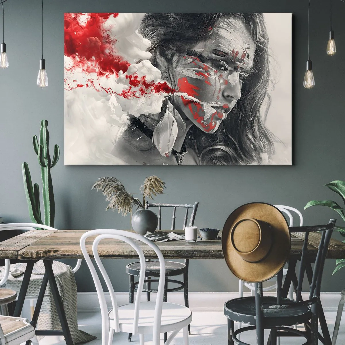 Canvastavla - Bild på duk - Konstnärligt porträtt av en kvinna med abstrakta röda accenter - 70x50cm - Röd-vit absurdhet - Modern väggdekoration för vardagsrum och sovrum ARTTOR