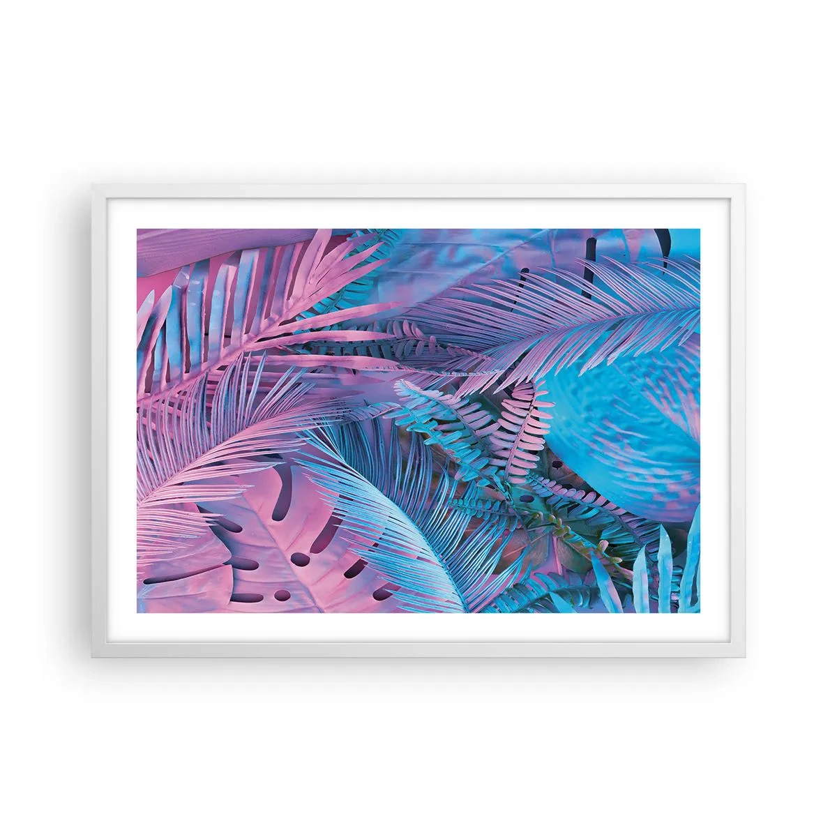 Affisch i vit ram - Tropiken i rosa och blått - 70x50 cm