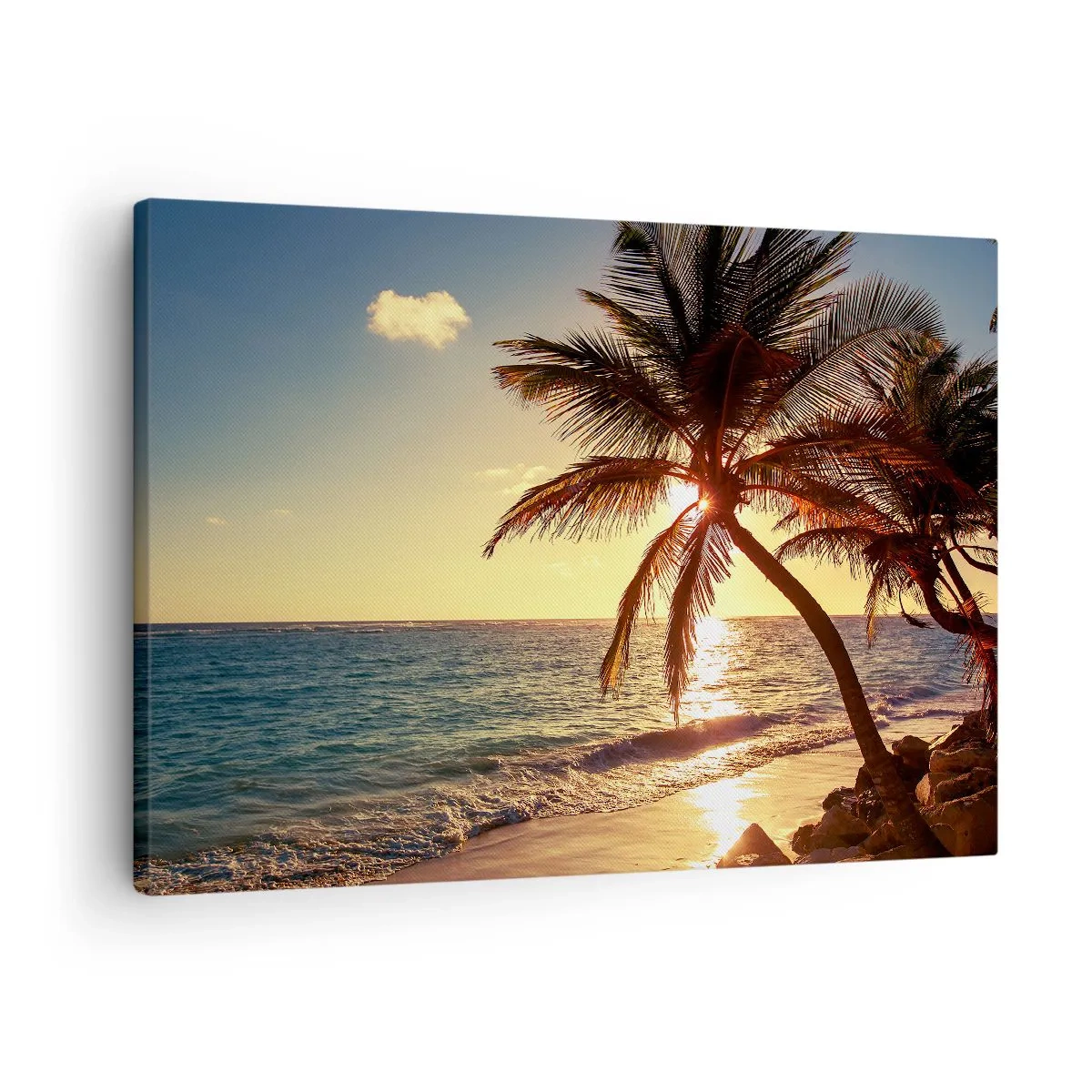 Canvastavla - Bild på duk - Tropisk solnedgång över en strand med palmer - 70x50cm - Sommar under palmträden - Modern väggdekoration för vardagsrum och sovrum ARTTOR