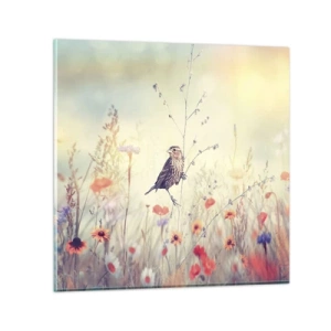 Glastavla - Bild på glas - Fågelporträtt med en äng i bakgrunden - 40x40 cm