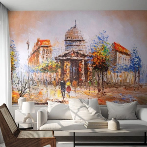 Fototapet Standard Eco - Impressionistiskt panorama över staden med kupolen och människorna - 100x70cm - Promenad i Paris - Modern väggdekoration för vardagsrum och sovrum ARTTOR