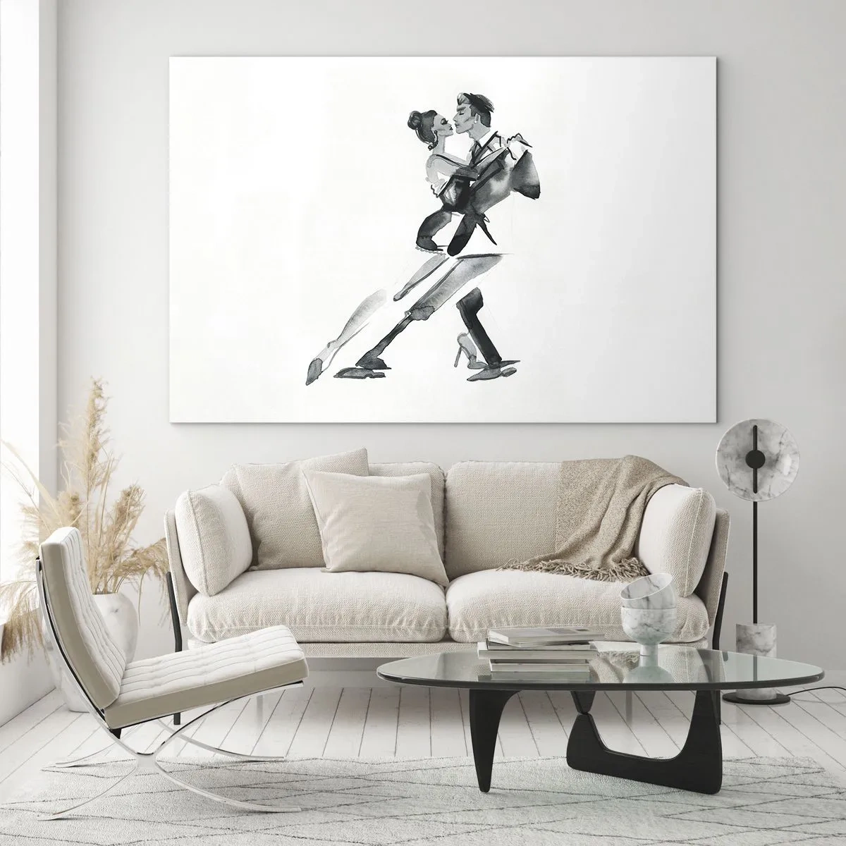 Glastavla - Bild på glas - Ett par som dansar tango i svartvit akvarell - 70x50cm - I en rytm - Modern väggdekoration för vardagsrum och sovrum ARTTOR