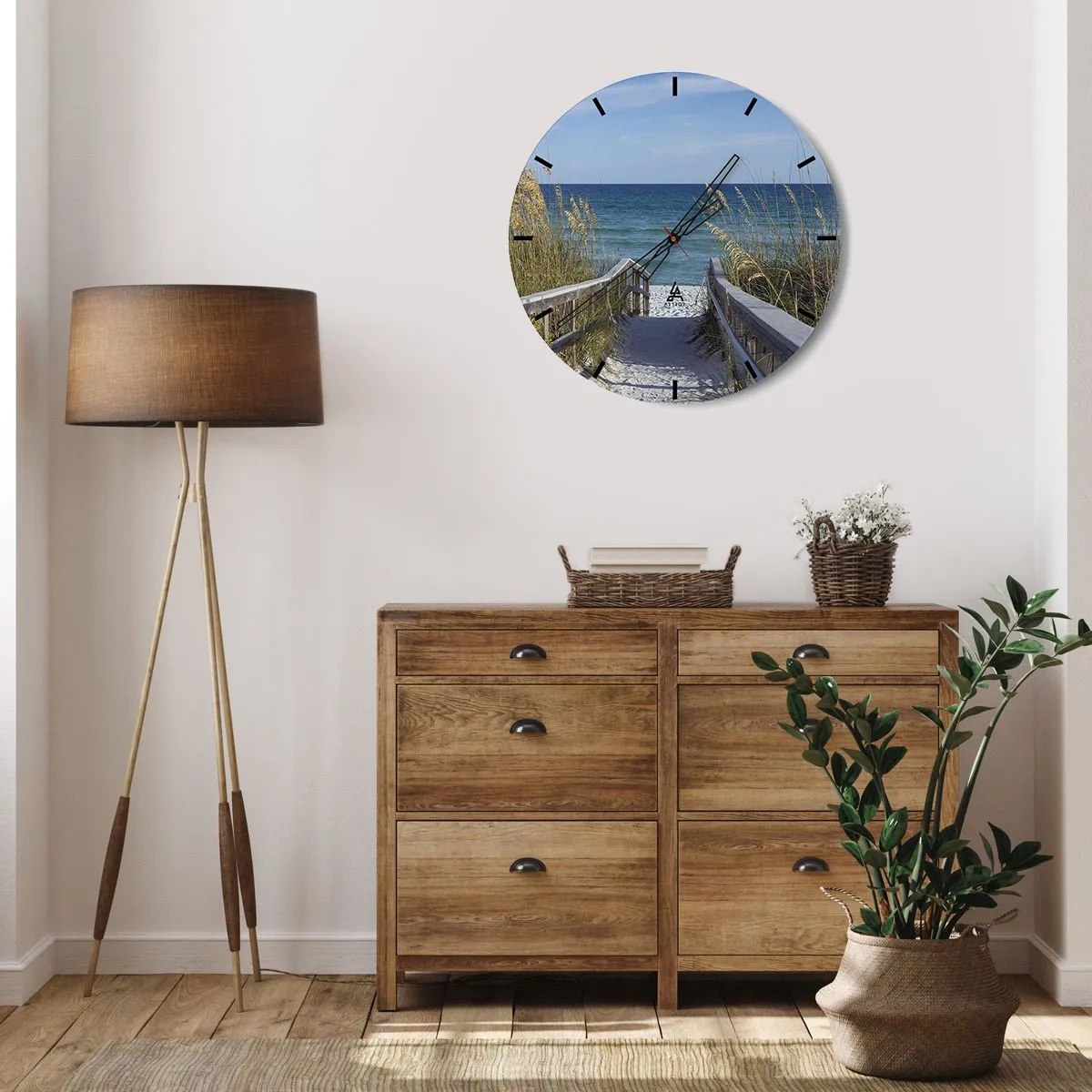 Väggklocka - Klocka på glas - Ingång till stranden med havsutsikt - 30x30cm - I solen, i vinden - Modern väggdekoration för vardagsrum, kök och sovrum ARTTOR