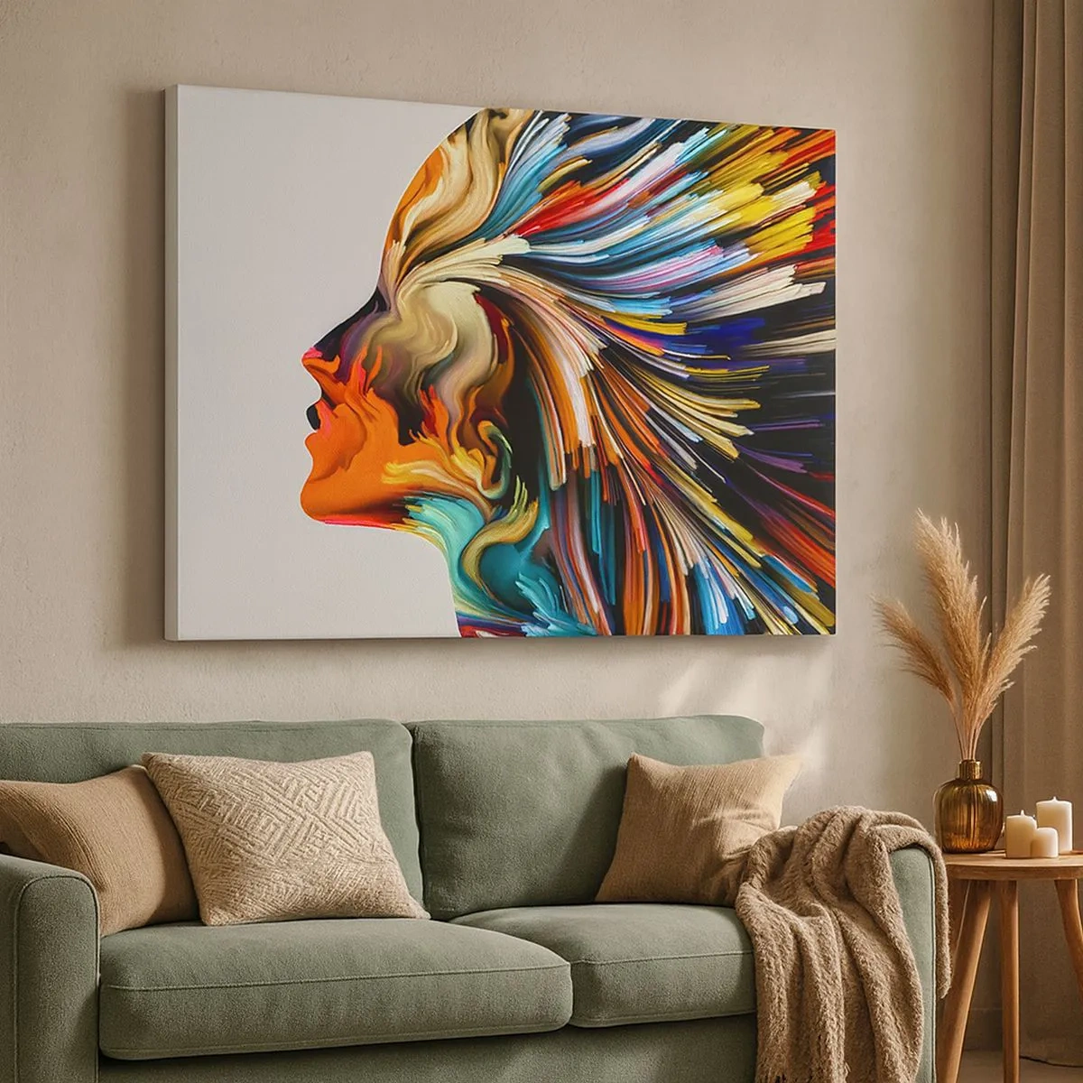 Canvastavla - Bild på duk - Abstrakt ansiktsprofil med färgglada dynamiska linjer. - 70x50cm - Fantasin exploderar - Modern väggdekoration för vardagsrum och sovrum ARTTOR