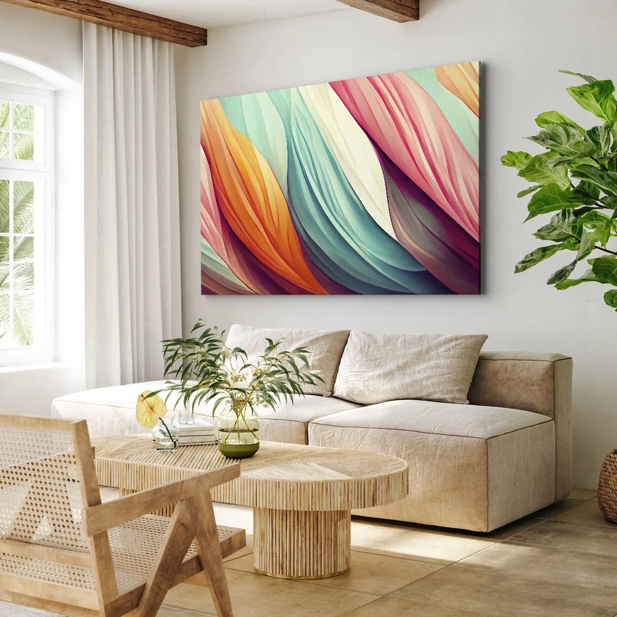 Canvastavla - Bild på duk - Abstrakta linjer i pastellfärger och livfulla färger - 70x50cm - Regnbågsväv - Modern väggdekoration för vardagsrum och sovrum ARTTOR