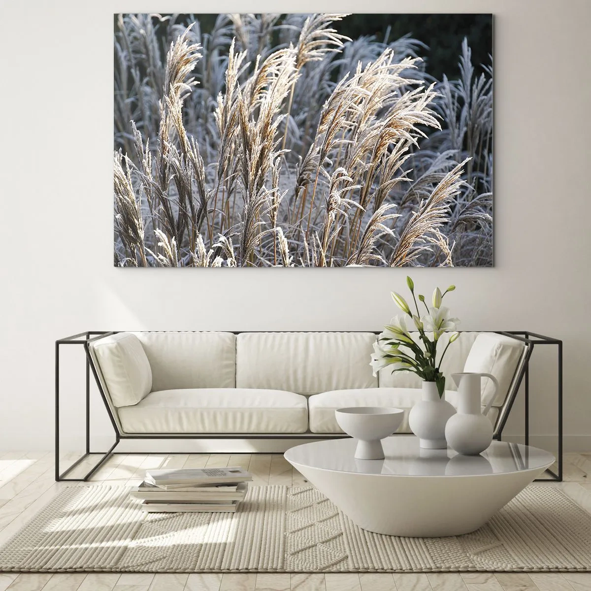Glastavla - Bild på glas - Frusna gräs i vintersolen - 70x50cm - Frostprydda - Modern väggdekoration för vardagsrum och sovrum ARTTOR