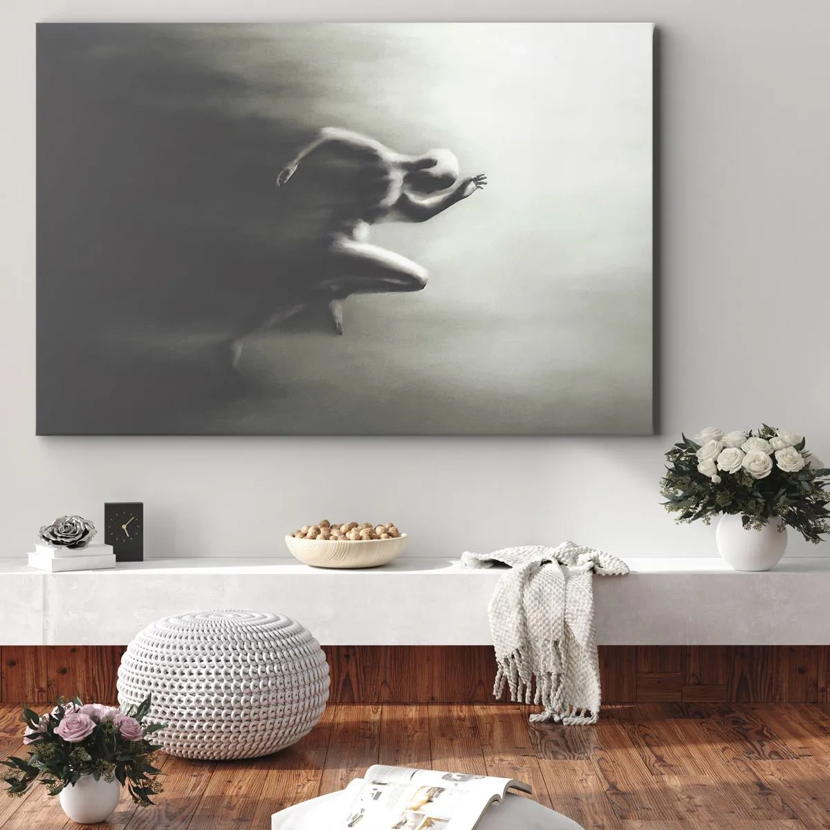Canvastavla - Bild på duk - En svartvit silhuett av en löpande figur i en dynamisk och surrealistisk stil. - 70x50cm - Omöjlig att stoppa - Modern väggdekoration för vardagsrum och sovrum ARTTOR