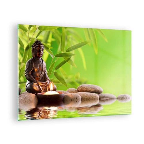 Glastavla - Bild på glas - En Buddhafigur med ett tänt ljus i en grön miljö - 70x50cm - Livet är skönt - Modern väggdekoration för vardagsrum och sovrum ARTTOR