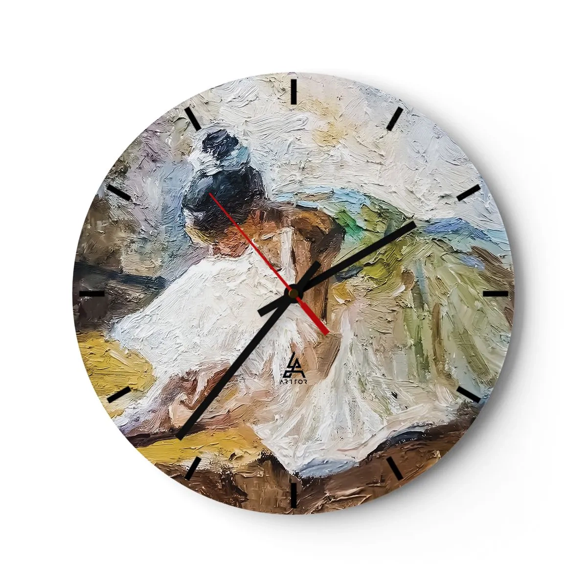 Väggklocka - Klocka på glas - En balettdansös i vit klänning avbildad i impressionistisk stil. - 30x30cm - Från Degas tavla - Modern väggdekoration för vardagsrum, kök och sovrum ARTTOR