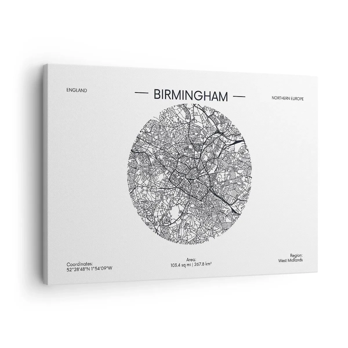Canvastavla - Bild på duk - En minimalistisk svartvit karta över Birmingham med exakta detaljer. - 70x50cm - Birminghams anatomi - Modern väggdekoration för vardagsrum och sovrum ARTTOR