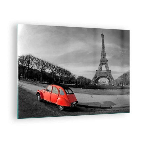 Glastavla - Bild på glas - En röd bil med Eiffeltornet i bakgrunden i svartvitt - 70x50cm - Mera parisianskt än själva Paris - Modern väggdekoration för vardagsrum och sovrum ARTTOR