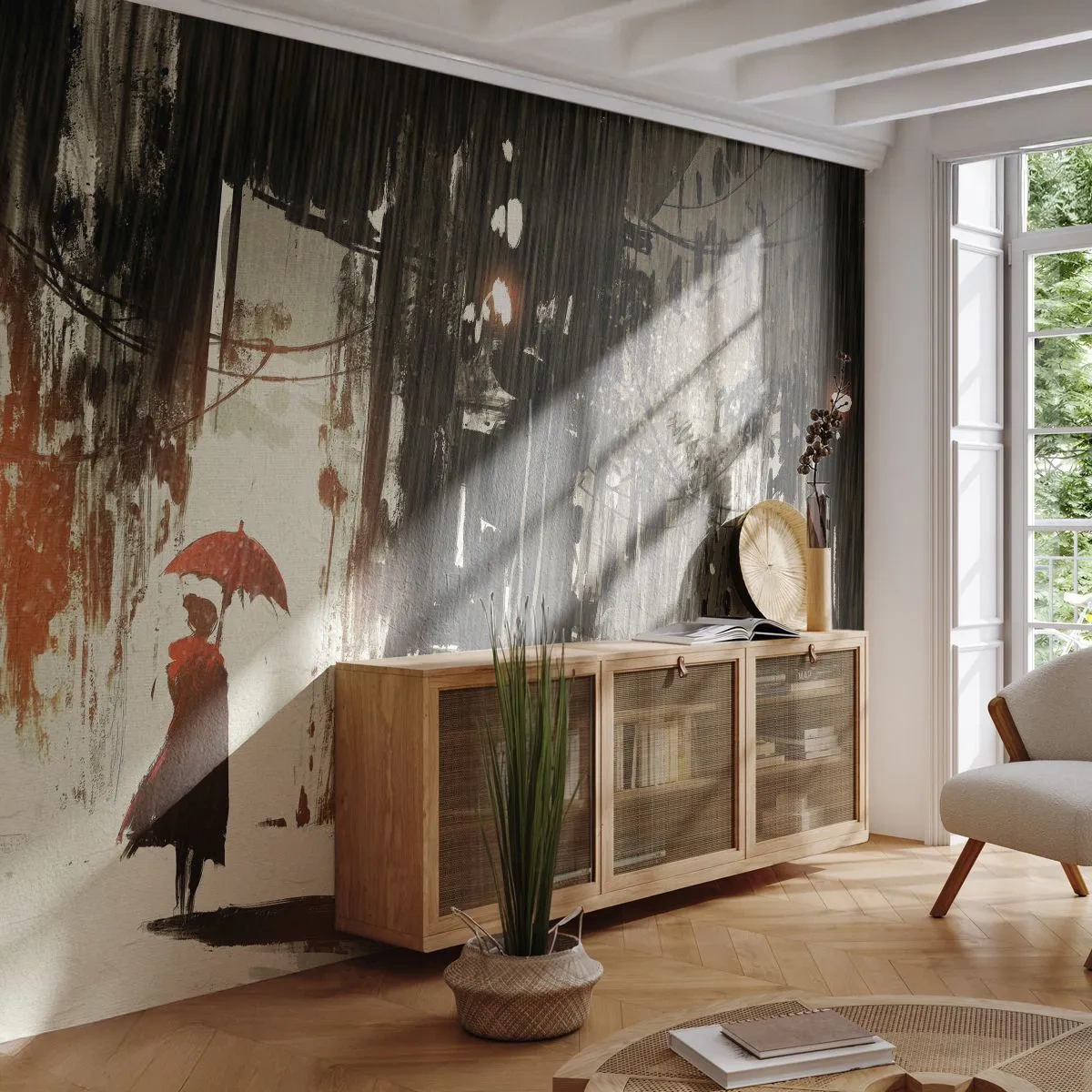 Fototapet Standard Eco - Röda paraplyets poesi - Stad, Kvinna, Arkitektur - 450x315 cm